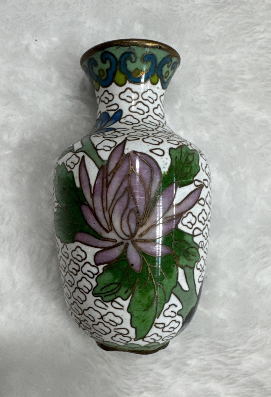 VTG Chinese Cloisonné Floral Bird Enamel Brass Mini Vase White Purple Yellow